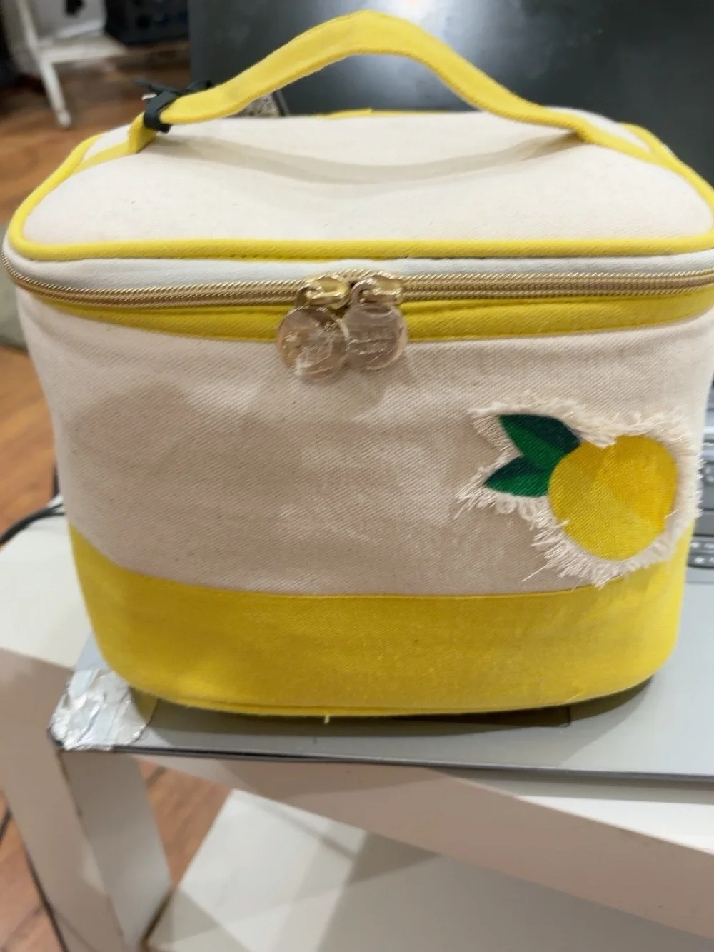 NWT Dabney Lee Lemon Appliqué Cosmetic Train Case Yellow Canvas